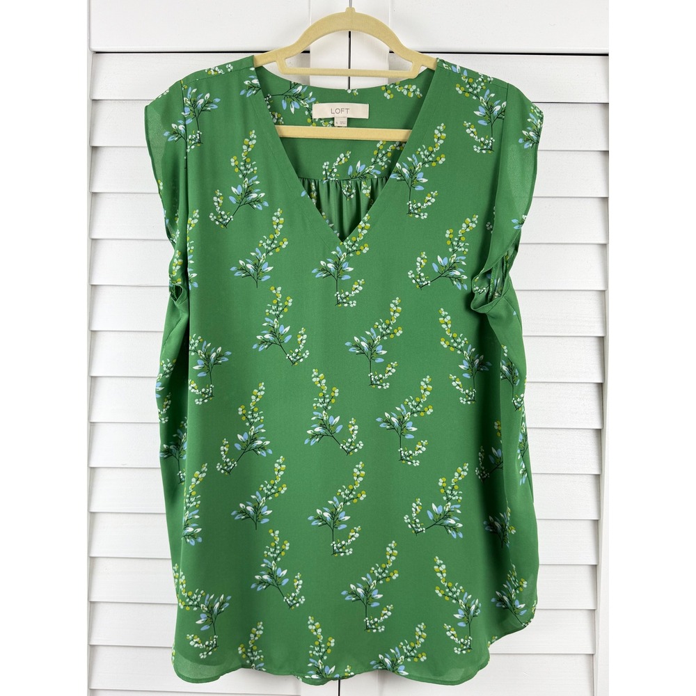 LOFT Green Floral V-Neck Cap Sleeve Blouse